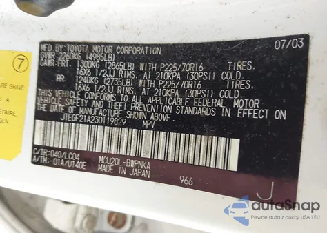 2003 Toyota Highlander Limited V6 from USA, damaged, VIN JTEGF21A230119829